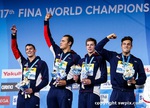 image of gold medal presentation 2017 FINA World Championships men's 4x200m freestyle relay